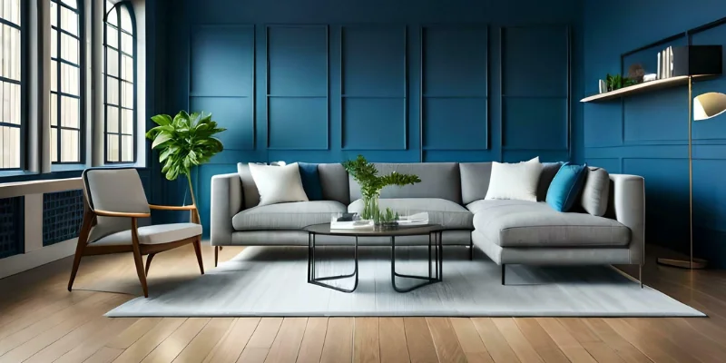 Wicker chair on blue rug